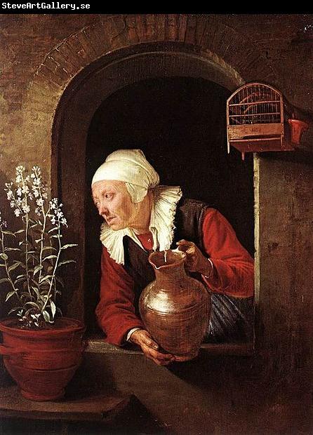 Gerard Dou Old Woman Watering Flowers